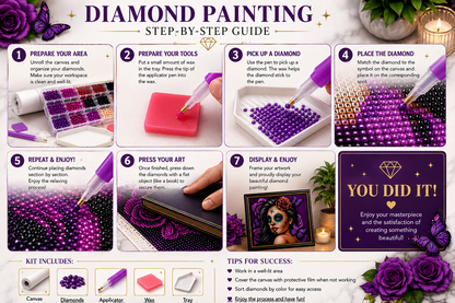 Sugar Skull Beauty with Purple Roses Diamond Painting Kit – flat lay of kit contents on warm wood surface including rolled canvas in tube, 15-color resealable diamond drill bags, grooved sorting tray, purple applicator pen, tweezers, pink wax pad, and color chart instruction sheet beside a glowing candle
