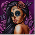 Sugar Skull Beauty with Purple Roses Diamond Painting Kit – completed diamond art close-up featuring a Day of the Dead sugar skull woman with large dark eyes, intricate face paint, red rose hair adornment, purple butterflies, and pink roses on a deep purple background
