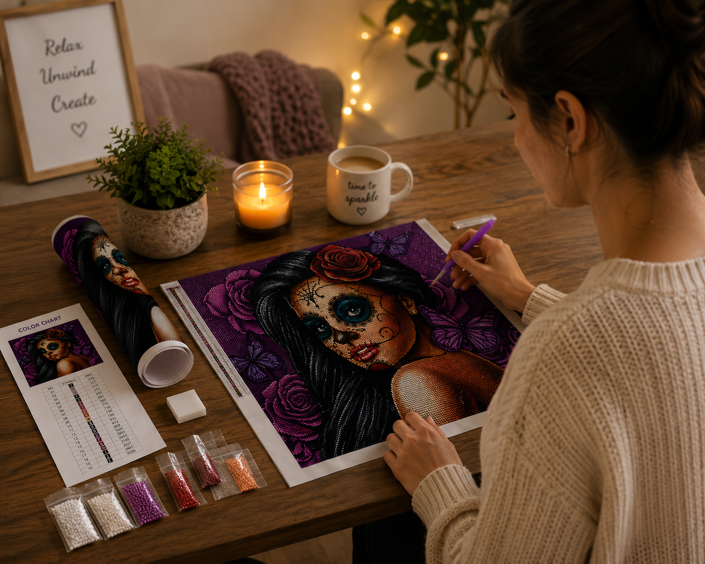 Sugar Skull Beauty with Purple Roses Diamond Painting Kit – woman placing diamond drills on sugar skull beauty canvas at cozy candlelit desk with color chart, diamond bags, wax pad, "Relax Unwind Create" sign, and "Time to Sparkle" mug in warm ambient lighting
