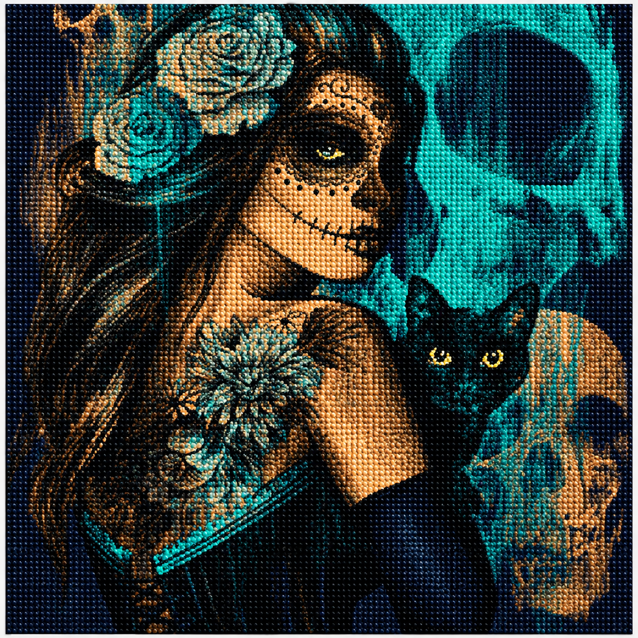 Sugar Skull Woman &amp; Black Cat with Teal Roses Diamond Painting Kit – completed  diamond art featuring a Day of the Dead sugar skull woman with golden eye makeup, teal rose hair crown, floral shoulder tattoo, and a black cat with glowing yellow eyes against a deep teal moonlit background

