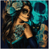 Sugar Skull Woman & Black Cat with Teal Roses Diamond Painting Kit – completed  diamond art featuring a Day of the Dead sugar skull woman with golden eye makeup, teal rose hair crown, floral shoulder tattoo, and a black cat with glowing yellow eyes against a deep teal moonlit background
