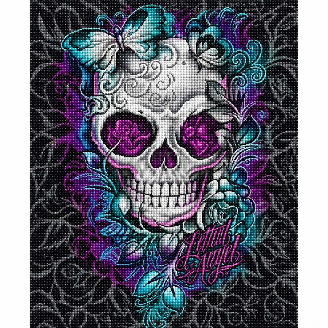 Teal Butterfly Sugar Skull with Rose Eyes Diamond Painting Kit – completed diamond art featuring a white sugar skull with rose-filled eye sockets, teal butterfly, swirling floral vines, and "Faith Angel" script on a dark textured background with purple and teal accents
