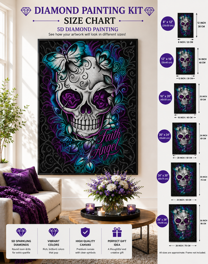 Teal Butterfly Sugar Skull with Rose Eyes Diamond Painting Kit – framed diamond art displayed in elegant living room in six sizes: 8x12" (20x30cm), 12x16" (30x40cm), 16x20" (40x50cm), 20x24" (50x60cm), 24x30" (60x75cm), and 28x36" (70x90cm), with feature callouts for 5D sparkling diamonds, vibrant colors, high quality canvas, and perfect gift idea
