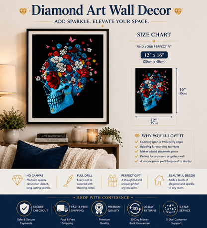 Teal Skull &amp; Flower Crown Diamond Painting Kit – framed 12x16" diamond art displayed on living room wall with size chart, trust badges, and "Why You&