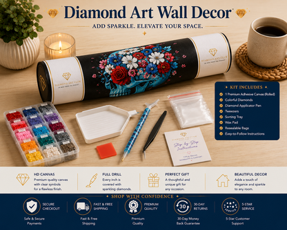 Teal Skull &amp; Flower Crown Diamond Painting Kit – kit contents flat lay showing cylindrical tube packaging, 18-color diamond drill container, sorting tray, applicator pen, tweezers, wax pad, resealable bags, and step-by-step instruction booklet
