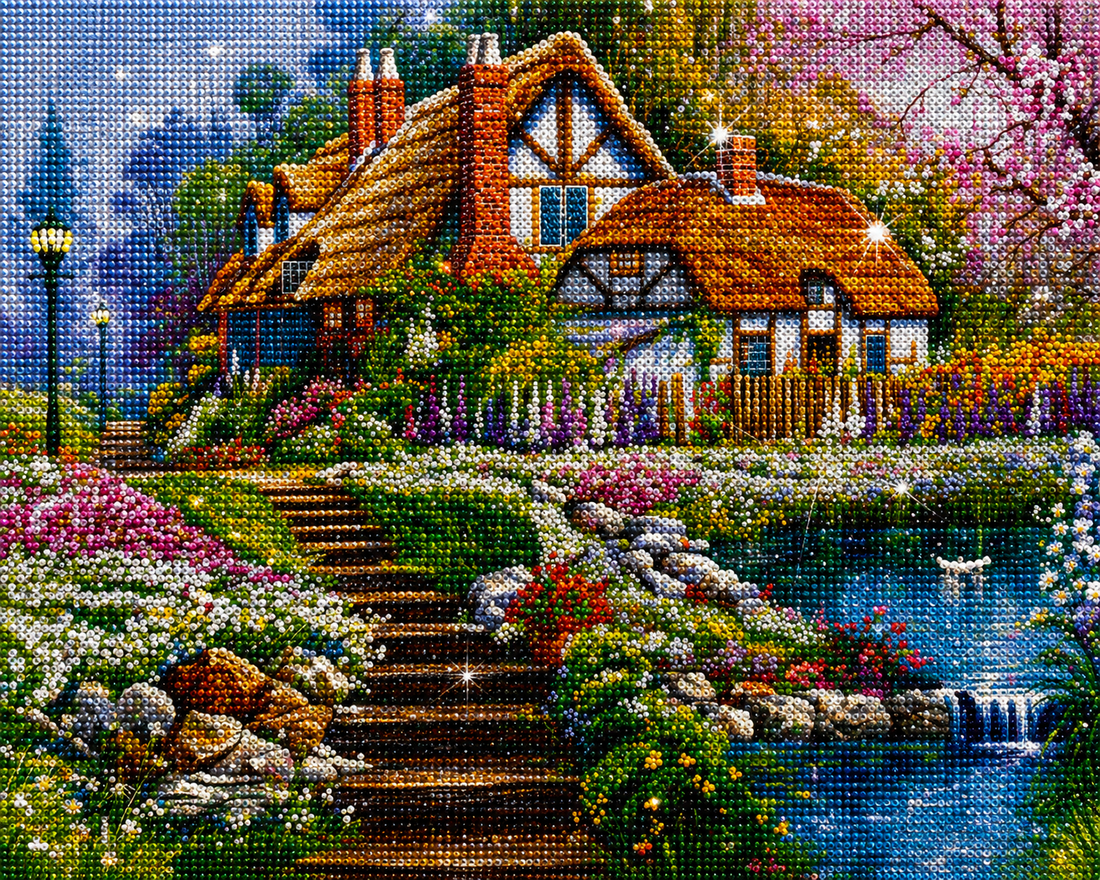 Close up of the finished thatched cottage and spring garden diamond painting with sparkling drills | Azurra Shop