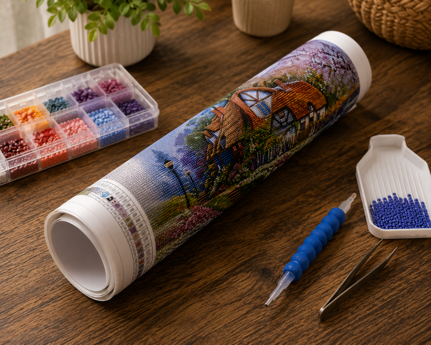 Rolled canvas and supplies for the thatched cottage kit, including drill organizer, applicator pen, and tweezers | Azurra Shop