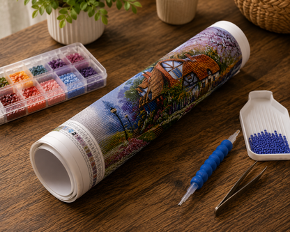 Rolled canvas and supplies for the thatched cottage kit, including drill organizer, applicator pen, and tweezers | Azurra Shop