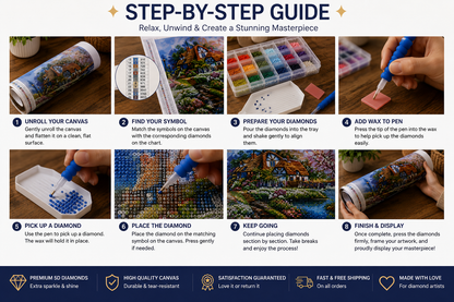 Six step guide showing how to complete the thatched cottage diamond painting | Azurra Shop