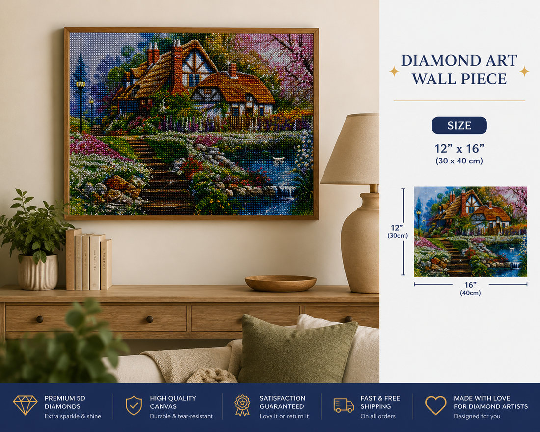 Framed thatched cottage diamond painting displayed above a wooden sideboard in a warm living room | Azurra Shop