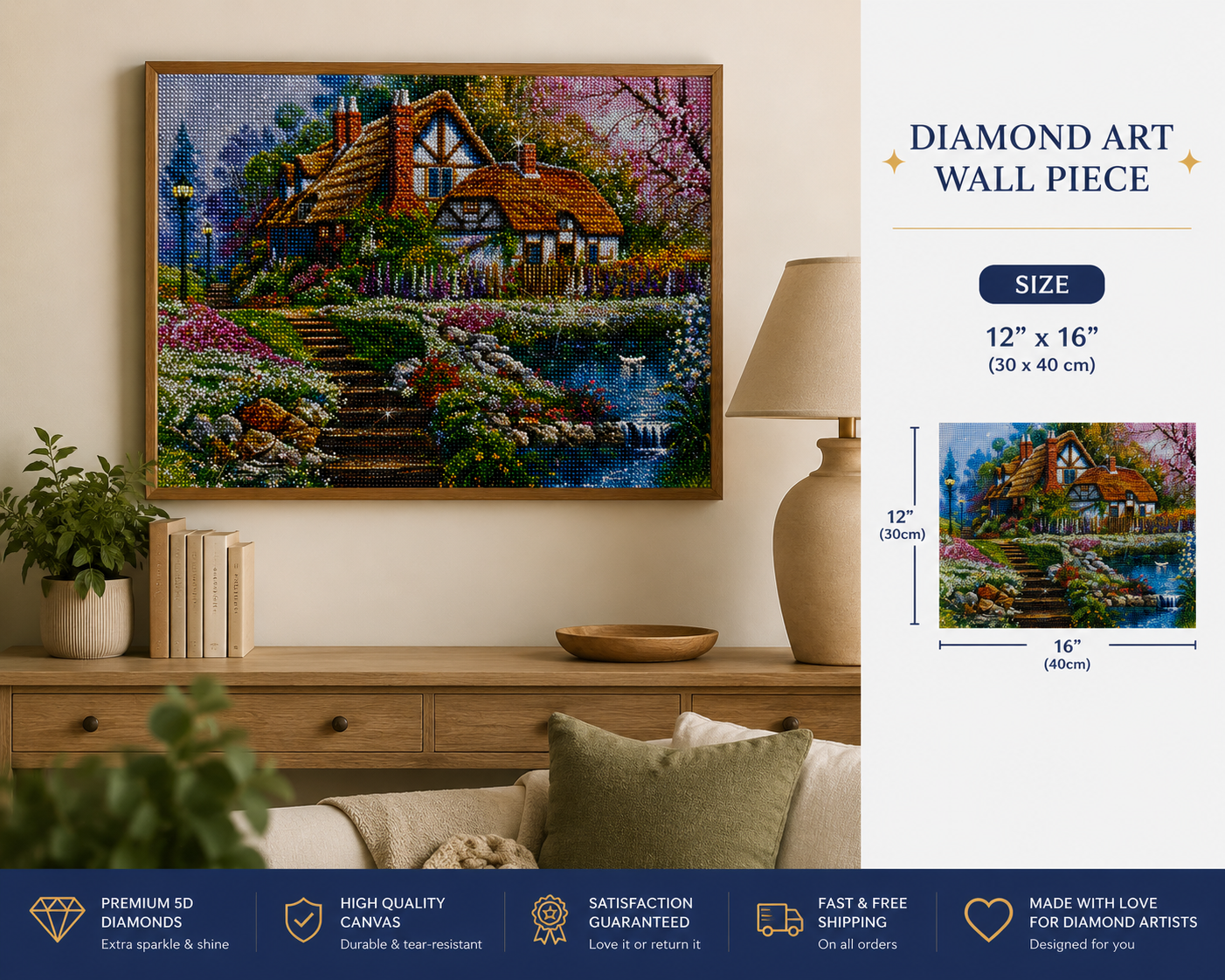 Framed thatched cottage diamond painting displayed above a wooden sideboard in a warm living room | Azurra Shop