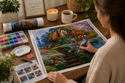 Working on the thatched cottage kit at a warm wooden desk with a candle and coffee | Azurra Shop