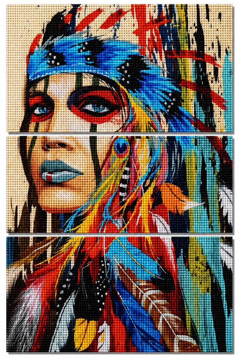 Finished three panel diamond painting of a Native American woman in a blue feather headdress with red war paint and colorful feathers | Azurra Shop