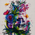 Watercolor Skull with Wildflowers Diamond Painting Kit – completed  diamond art featuring a vibrant watercolor-style skull bursting with colorful wildflowers, butterflies, and botanical details on a white canvas
