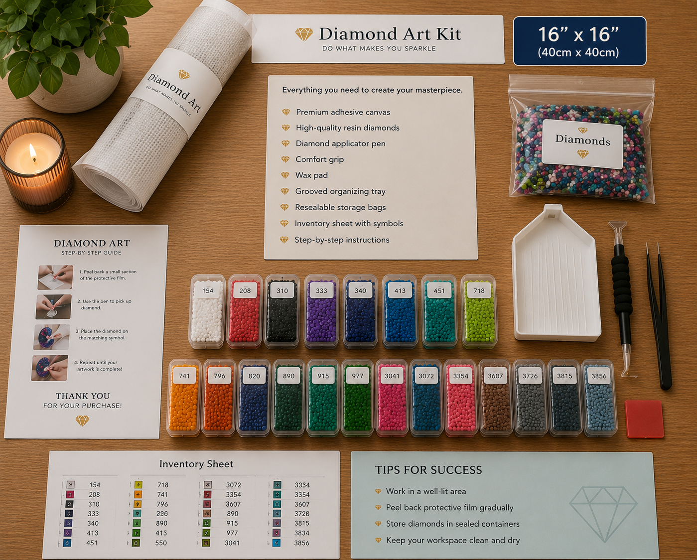 Watercolor Skull with Wildflowers Diamond Painting Kit – complete 16x16" (40x40cm) kit flat lay showing rolled canvas, 21 individually labeled diamond drill containers, sealed diamonds bag, diamond applicator pen with comfort grip, tweezers, wax pad, grooved organizing tray, resealable storage bags, inventory sheet with color symbols, step-by-step instruction guide, and tips for success card
