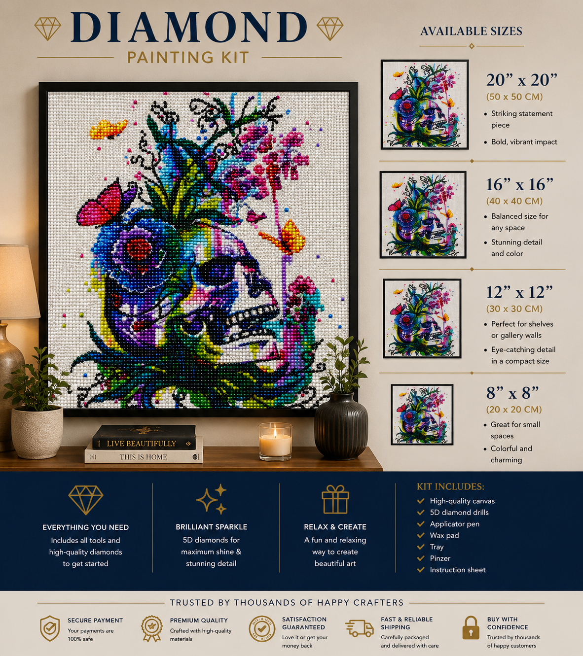 Watercolor Skull with Wildflowers Diamond Painting Kit – framed diamond art displayed on living room console in four sizes: 8x8" (20x20cm), 12x12" (30x30cm), 16x16" (40x40cm), and 20x20" (50x50cm), featuring a vibrant watercolor skull with wildflowers, with kit includes callouts and trust badges for secure payment, premium quality, satisfaction guarantee, fast shipping, and buy with confidence
