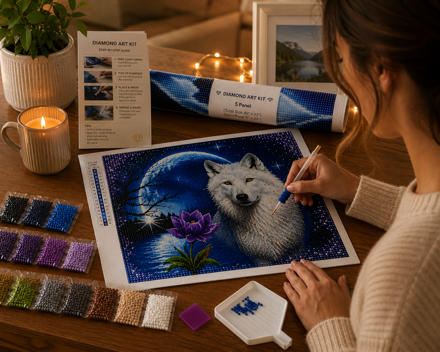White Wolf &amp; Blue Moon Diamond Painting Kit – person placing sparkling resin drills onto the canvas while working on the white wolf blue moon design
