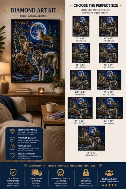 Wolf Pack &amp; Full Moon Winter Forest Diamond Painting Kit – majestic wolf pack with adults, juveniles, and pups gathered on a snowy rocky outcrop beneath a luminous full moon with snow-dusted pines
