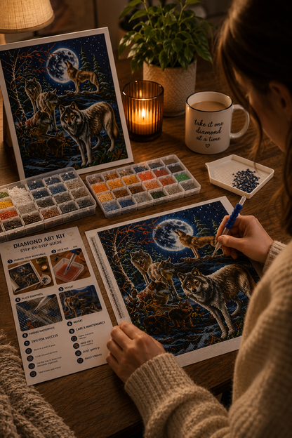 Wolf Pack &amp; Full Moon Winter Forest Diamond Painting Kit – person placing sparkling resin drills onto the canvas while working on the wolf pack moon design

