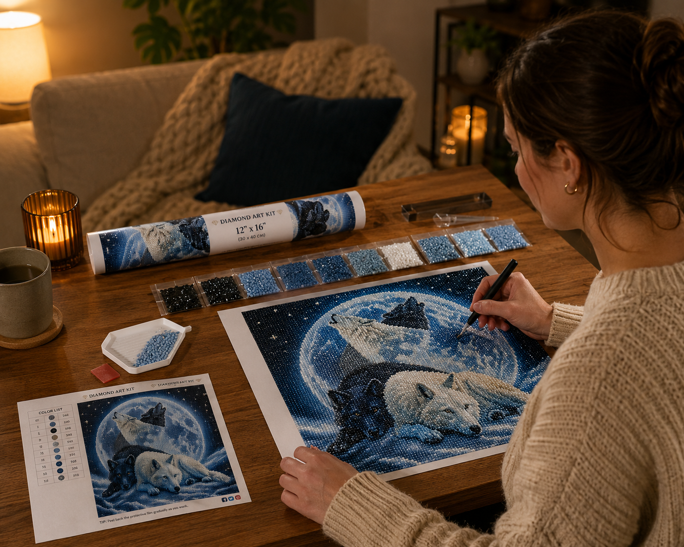 Wolf Spirit &amp; Full Moon Diamond Painting Kit – person placing sparkling resin drills onto the canvas while working on the mystical wolf moon design
