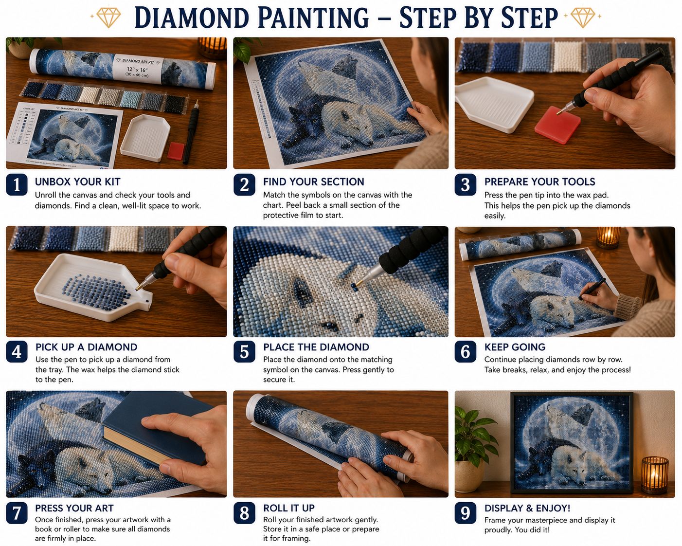 Wolf Spirit &amp; Full Moon Diamond Painting Kit – step-by-step process showing how to place resin drills onto the pre-printed adhesive canvas
