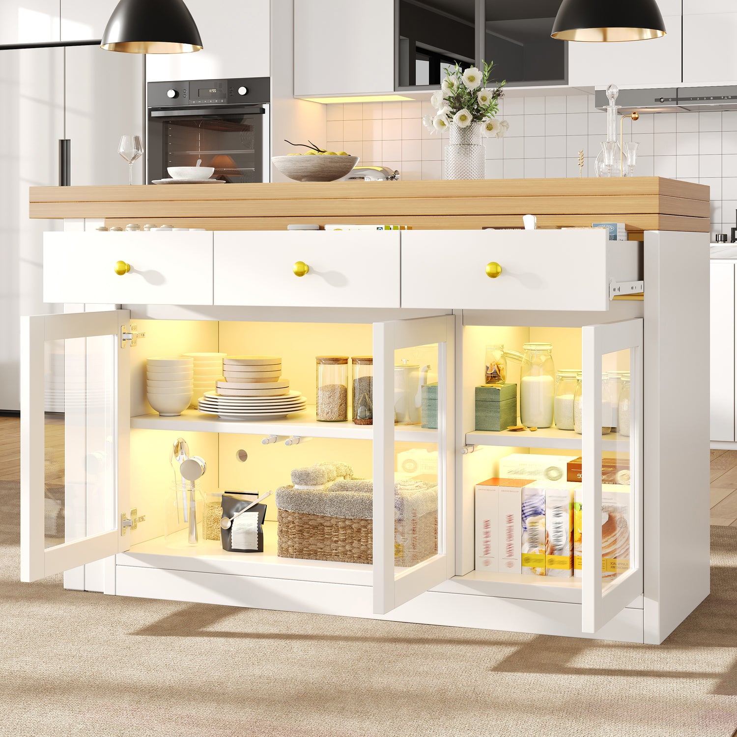 Extendable Kitchen Island with RGB LED Lights — White