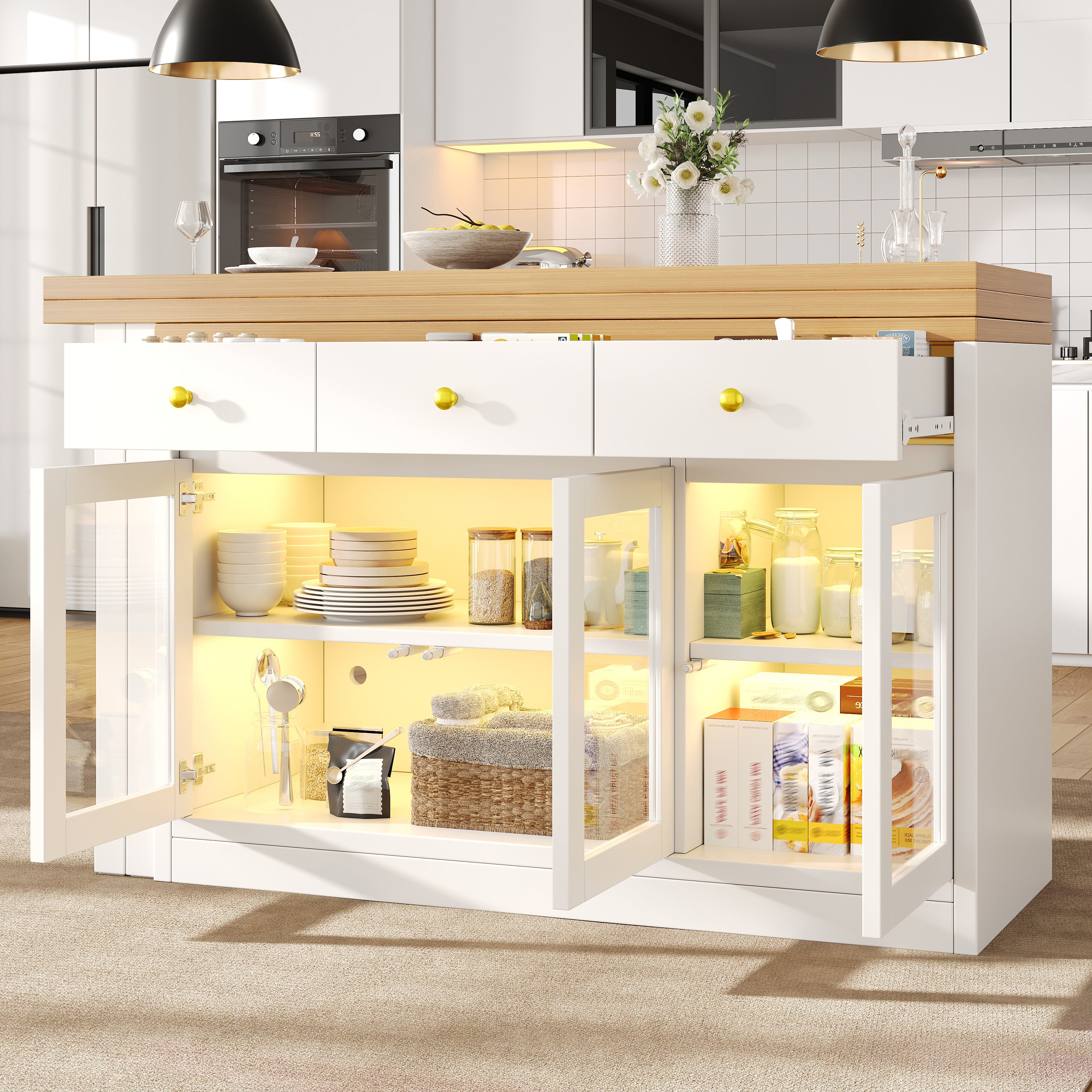 Extendable Kitchen Island with RGB LED Lights — White