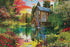 Storybook watermill cottage diamond painting kit – sunset garden pond with ducks and blooming wildflowers
