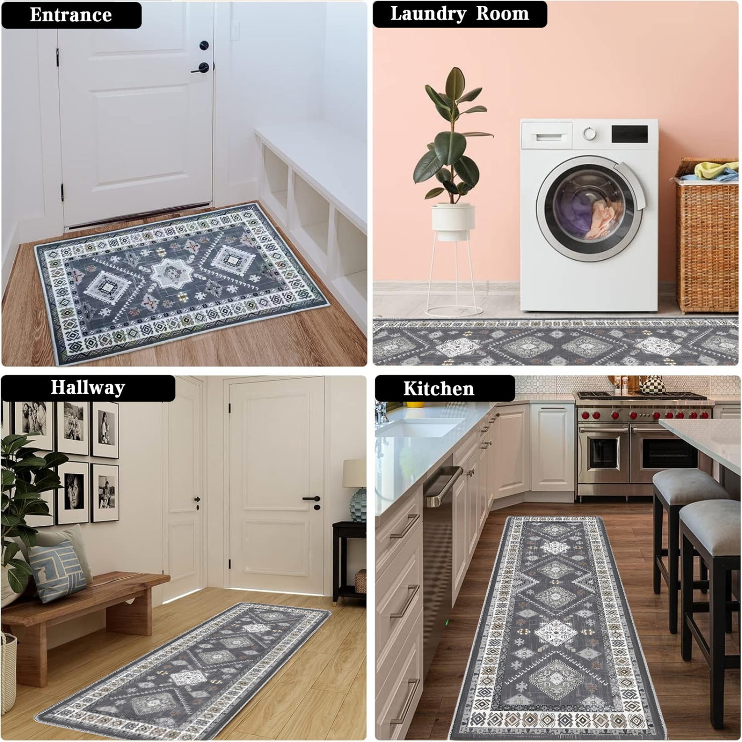 Boho Kitchen Rug Set — 3 Piece Faux Wool with Runner