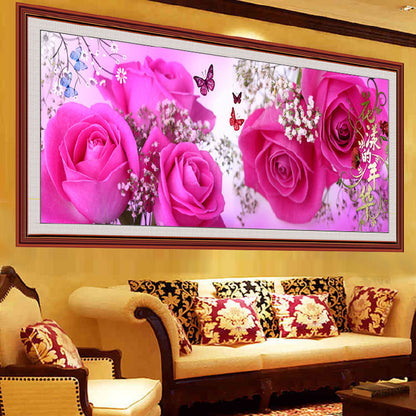 Pink Roses Crystal Cross Stitch Diamond Painting - 5D DIY Round Drill, 4 Panoramic Sizes up to 30"x79" | Azurra Shop