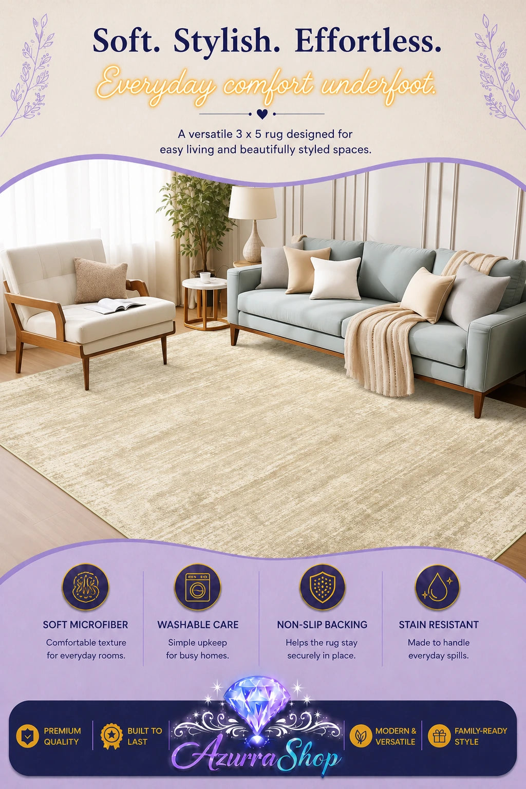 A 3x5 soft microfiber area rug in a light beige and cream tone, shown in a styled living room with a sofa, armchair, and side table. The image includes promotional text and a purple footer with feature icons and the brand name "Azurra Shop".