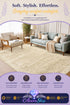 A 3x5 soft microfiber area rug in a light beige and cream tone, shown in a styled living room with a sofa, armchair, and side table. The image includes promotional text and a purple footer with feature icons and the brand name "Azurra Shop".