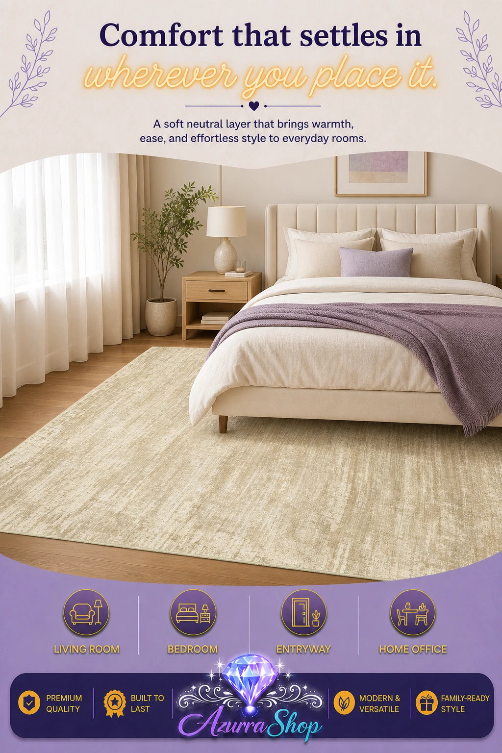 A large beige textured area rug shown in a styled bedroom setting, with a bed, curtains, and a bedside table visible. The image includes promotional text and a purple footer with feature icons and the brand name "Azurra Shop".