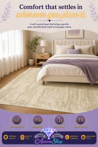 A large beige textured area rug shown in a styled bedroom setting, with a bed, curtains, and a bedside table visible. The image includes promotional text and a purple footer with feature icons and the brand name "Azurra Shop".
