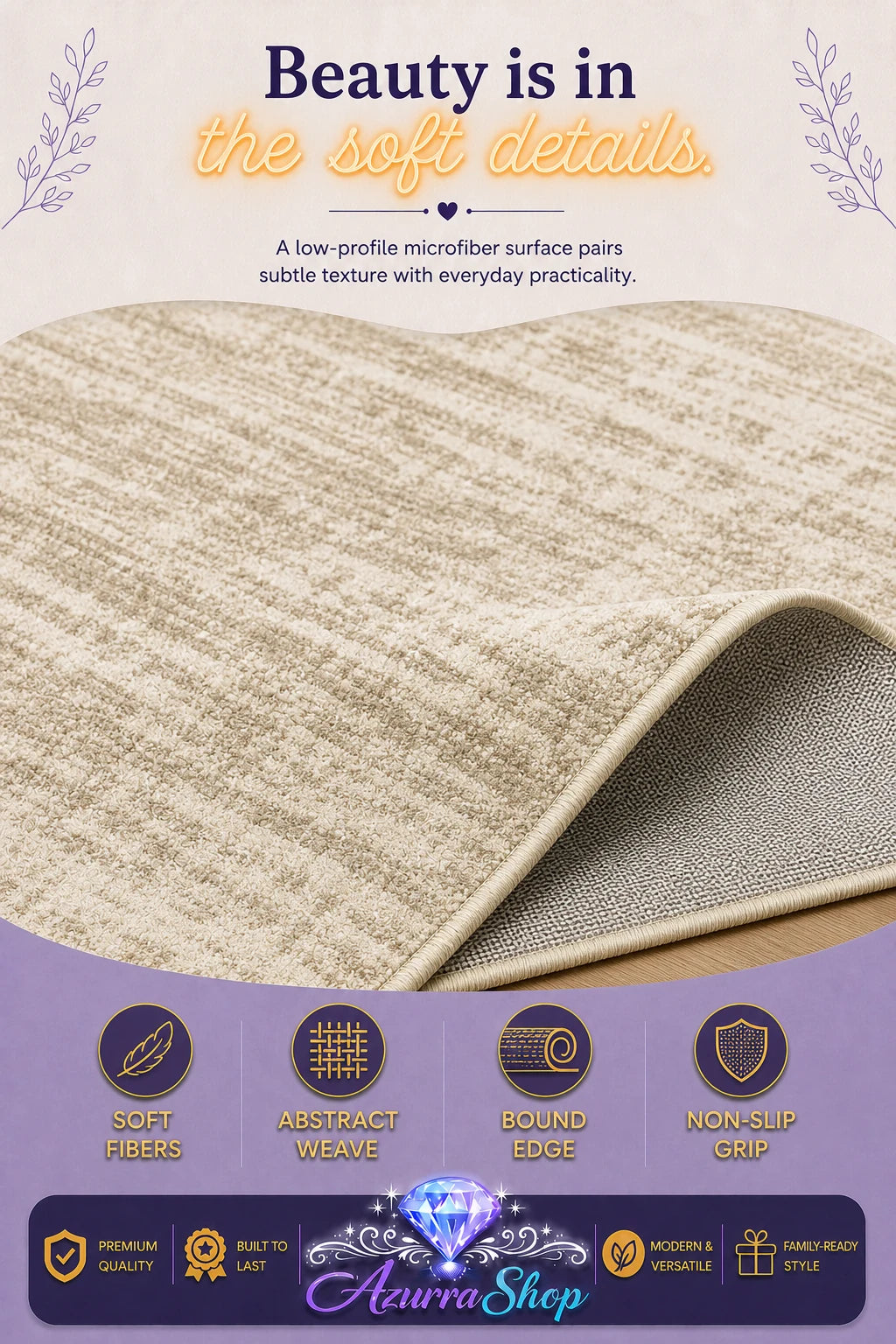 A beige microfiber area rug shown folded over to display its low-profile textured weave and underside. The image includes promotional text and a purple footer with feature icons and the brand name "Azurra Shop".