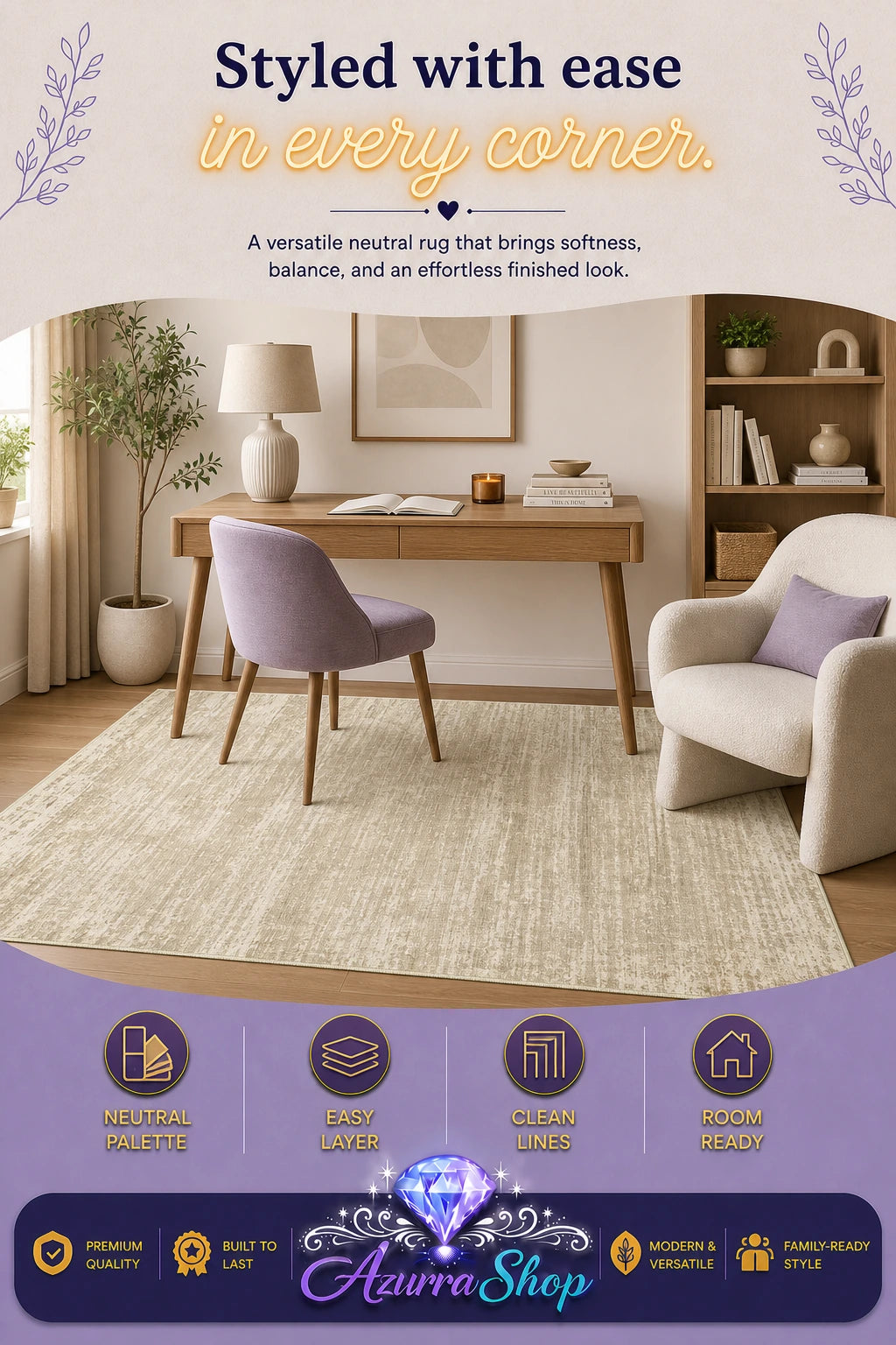 A styled home office scene with a large light beige area rug under a wooden desk and chair, with a cream armchair, lamp, shelving, and plants. The image includes promotional text and a purple footer with feature icons and the brand name "Azurra Shop".