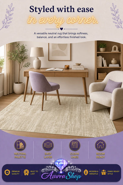 A styled home office scene with a large light beige area rug under a wooden desk and chair, with a cream armchair, lamp, shelving, and plants. The image includes promotional text and a purple footer with feature icons and the brand name "Azurra Shop".