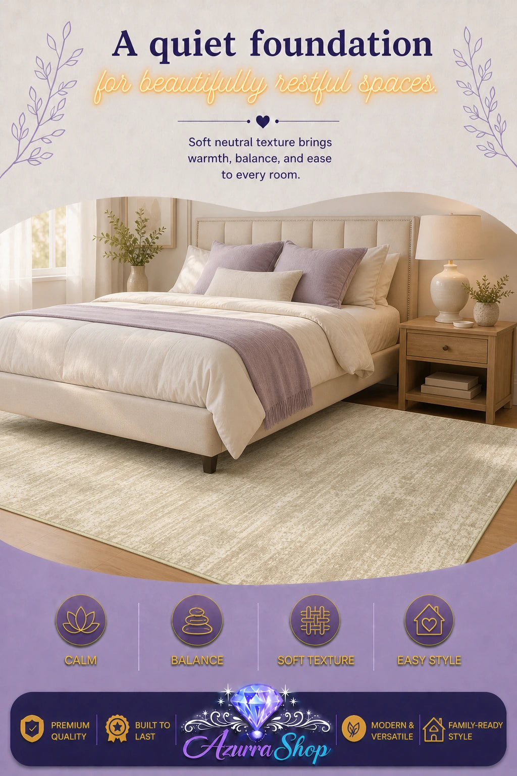 A bedroom scene showing a bed dressed in cream and lavender bedding on a light beige area rug, with a wood nightstand nearby. The image includes promotional text and a purple footer with feature icons and the brand name "Azurra Shop".