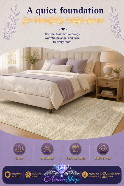 A bedroom scene showing a bed dressed in cream and lavender bedding on a light beige area rug, with a wood nightstand nearby. The image includes promotional text and a purple footer with feature icons and the brand name "Azurra Shop".