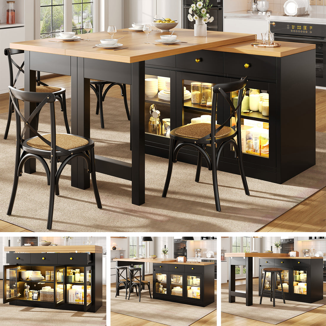 Extendable Kitchen Island with RGB LED Lights — MDF, 47-79" adjustable, 3 drawers, glass cabinets, seats 6-8 — Azurra Shop