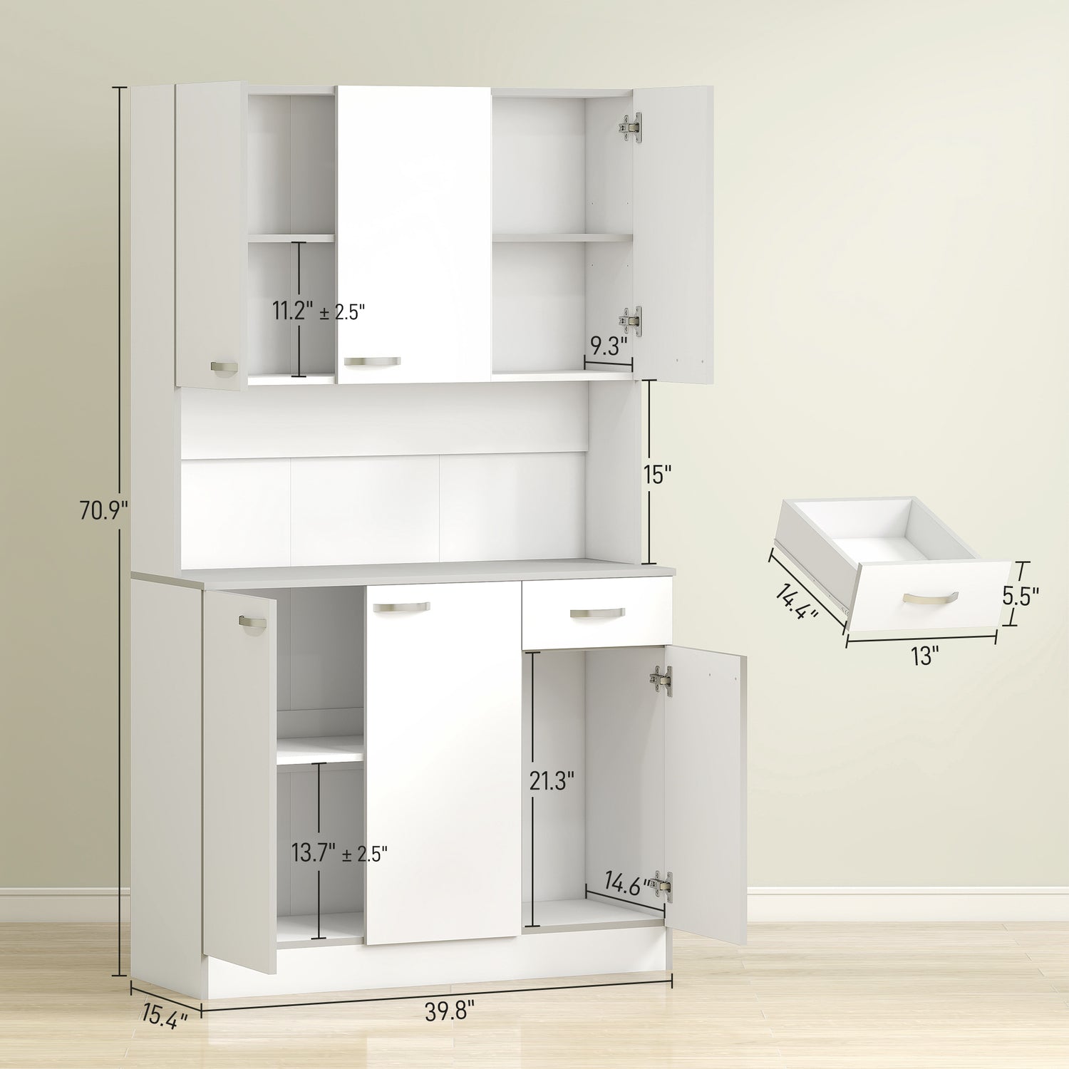 71" White Kitchen Pantry Cabinet with Microwave Stand