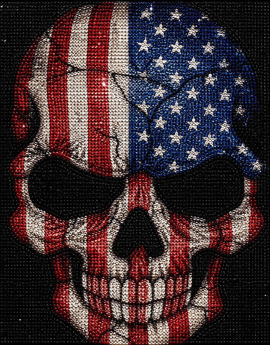 Close up of the finished stars and stripes skull diamond painting with a cracked American flag design on a black canvas | Azurra Shop