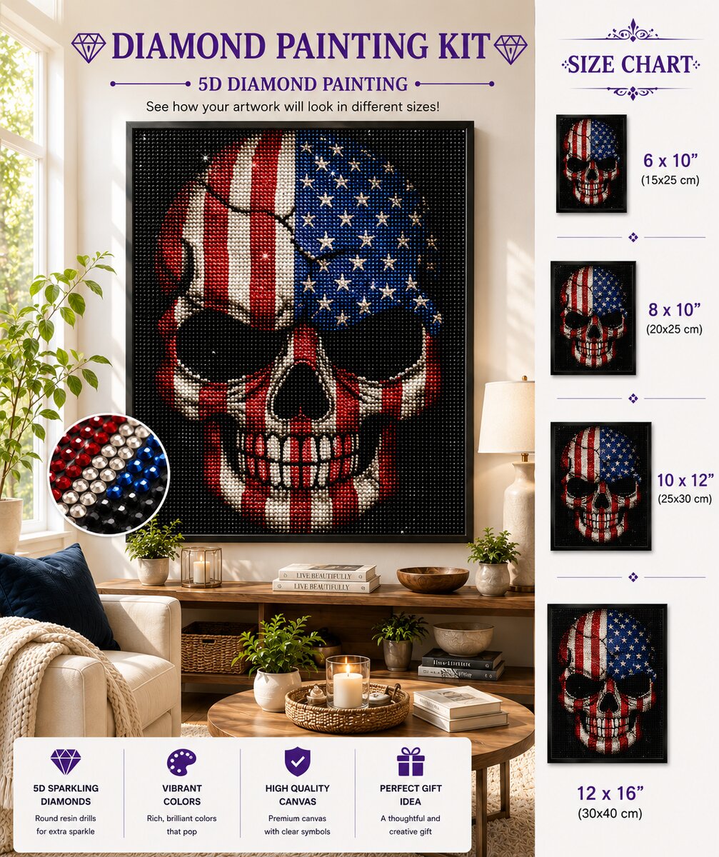 Framed stars and stripes skull diamond painting displayed on a living room wall above a console table with plants and a candle | Azurra Shop