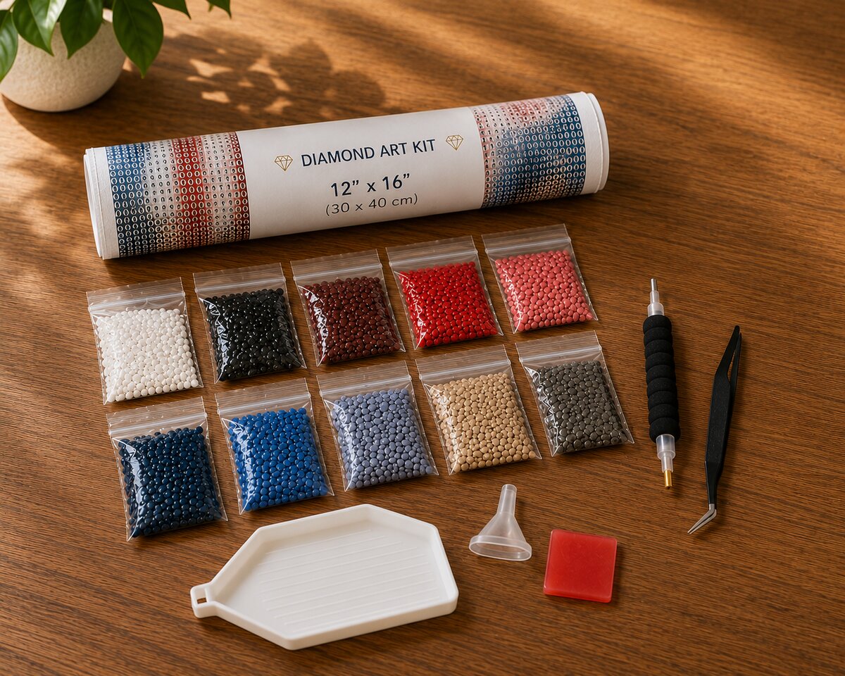 Rolled canvas and full supplies for the stars and stripes skull kit, including diamond bags, applicator pen, and tweezers | Azurra Shop