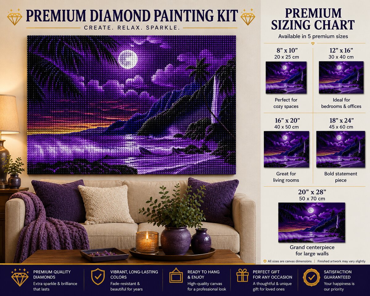 Amethyst moon and ocean waves diamond painting framed above a living room sofa, available in 5 sizes from 8 by 10 to 20 by 28 inches | Azurra Shop