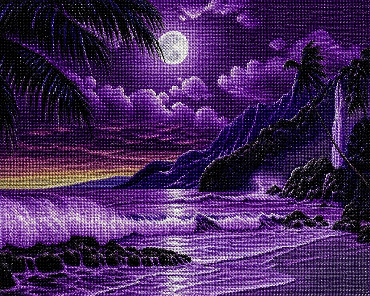 Finished amethyst moon and ocean waves diamond painting with a purple moonlit beach, palm trees, and a waterfall | Azurra Shop