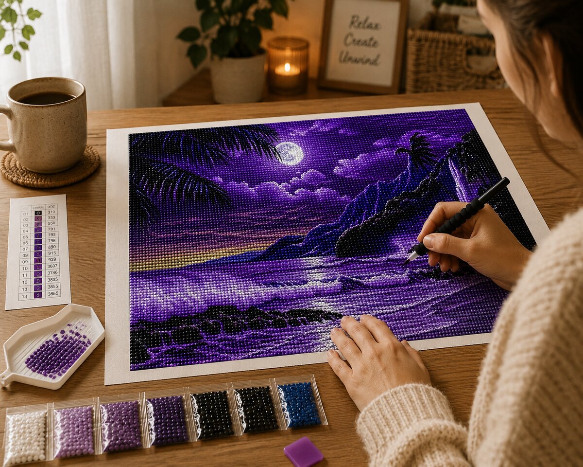 Amethyst Moon and Ocean Waves Diamond Painting Kit