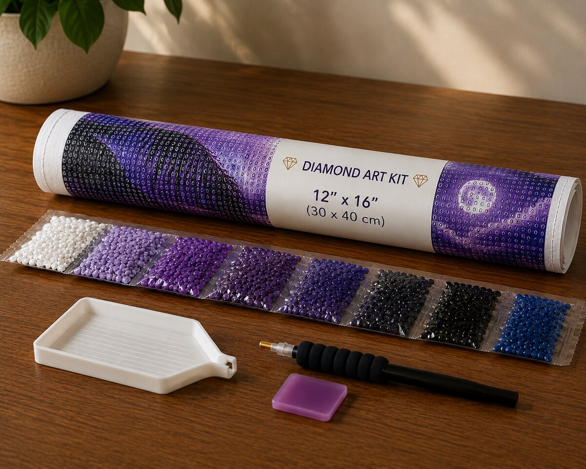 Diamond painting kit supplies including rolled canvas, numbered diamond bags, tray, and applicator pen | Azurra Shop