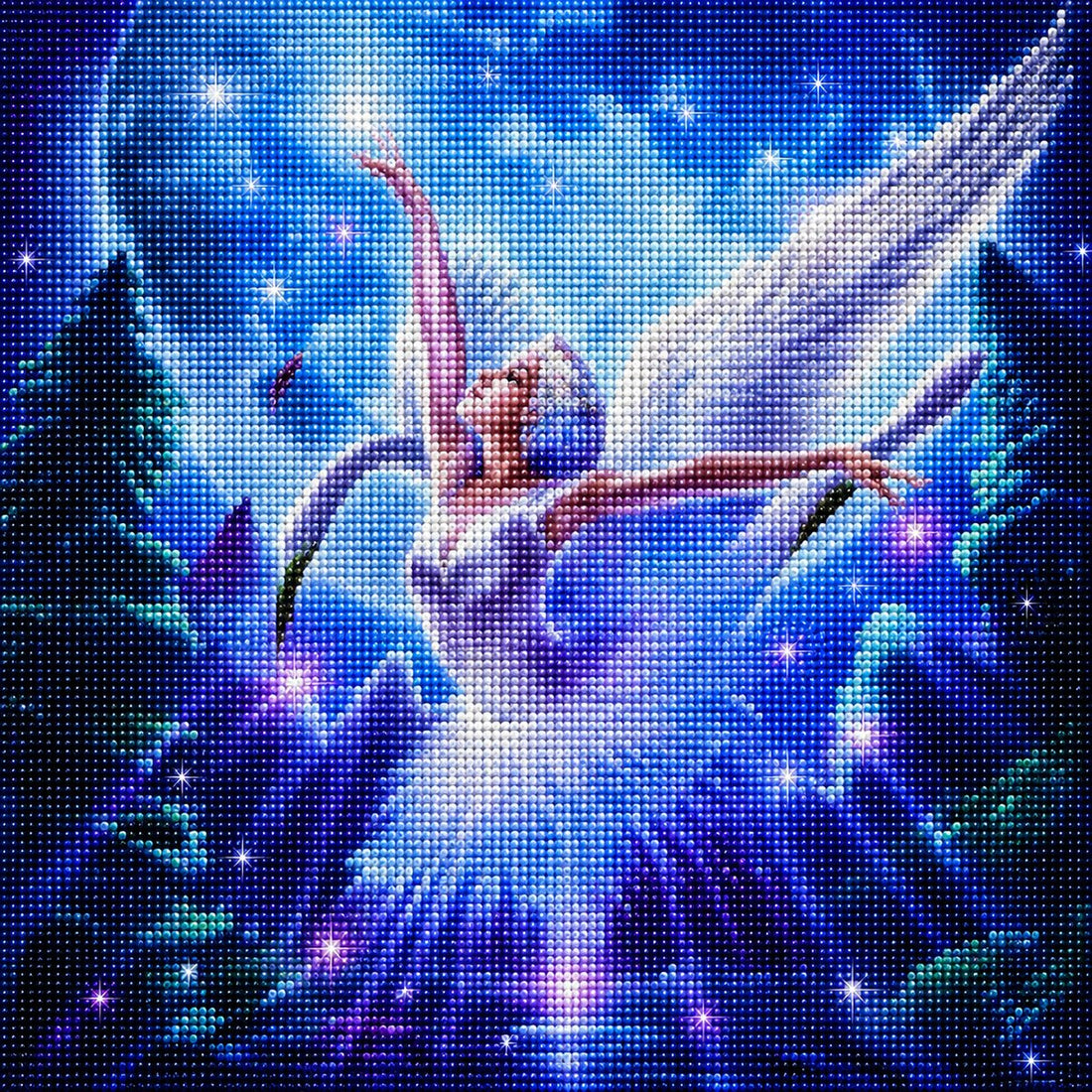 Finished angel of light diamond painting with a white winged angel dancing among stars over a glowing forest at night | Azurra Shop