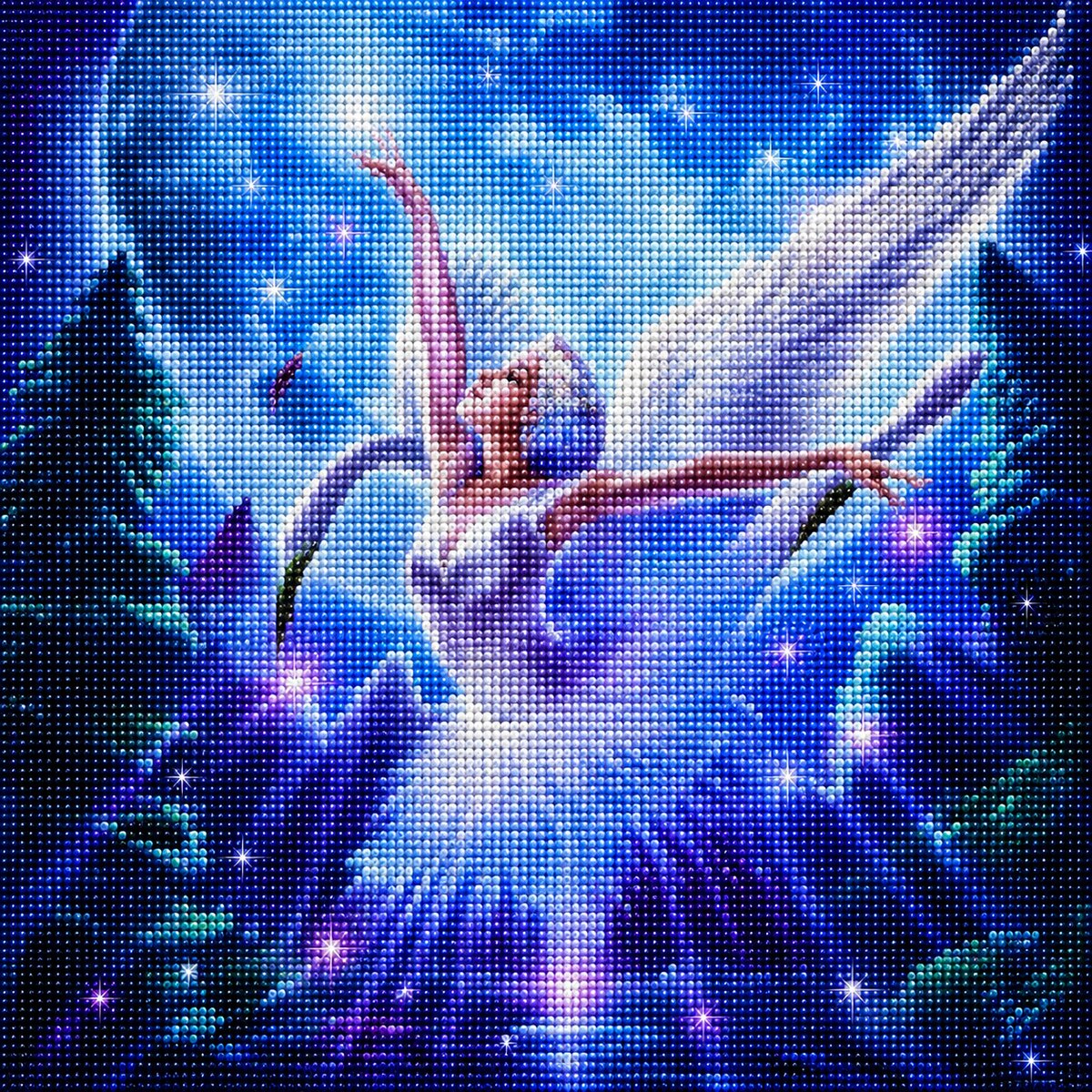 Finished angel of light diamond painting with a white winged angel dancing among stars over a glowing forest at night | Azurra Shop